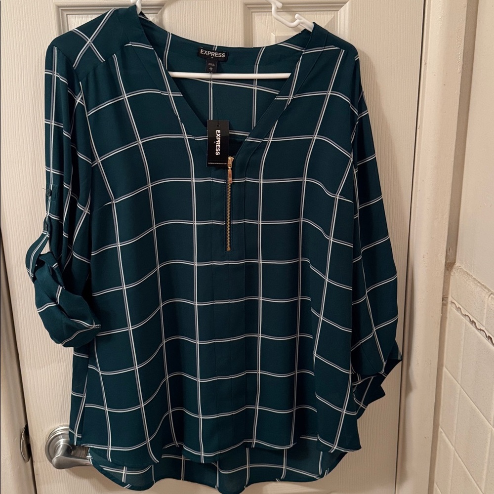 Express Dark Teal Checkered Blouse